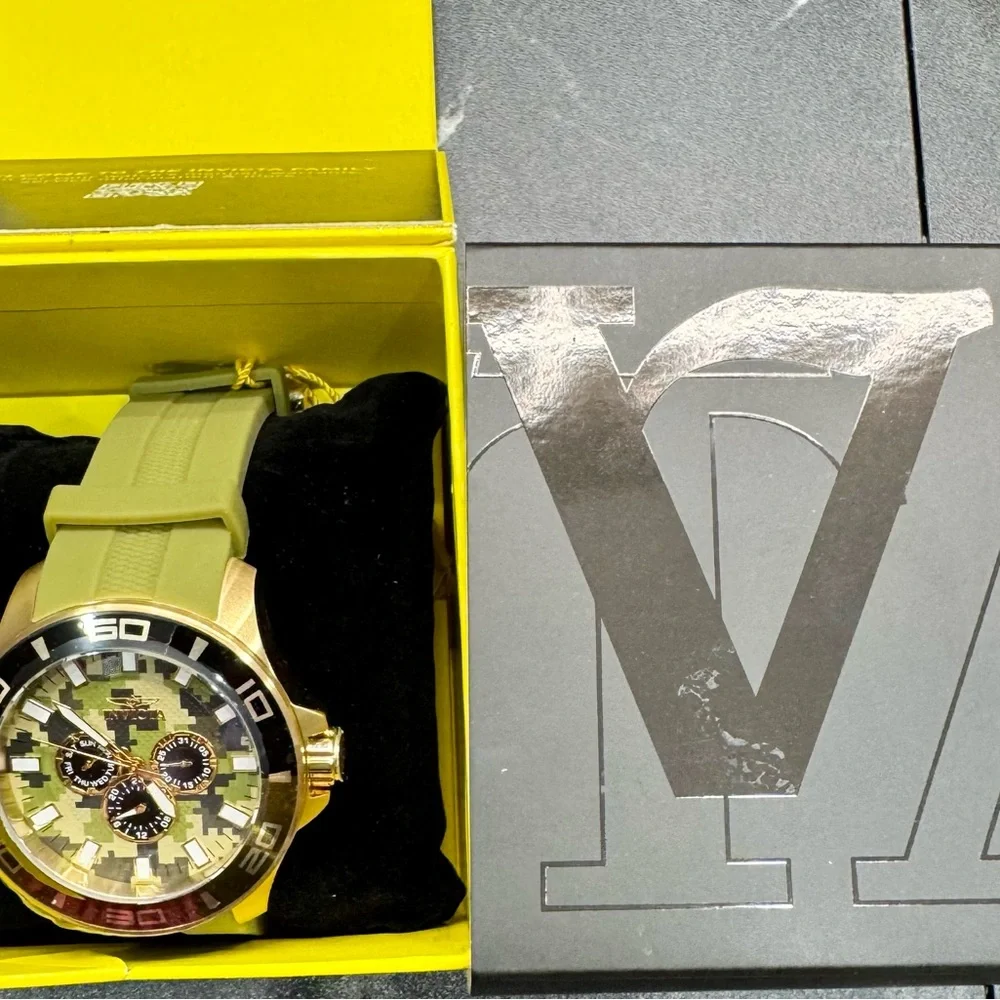 Invicta Pro Diver 46036 50mm Gold Camo Dial Watch Olive Strap BNIB New